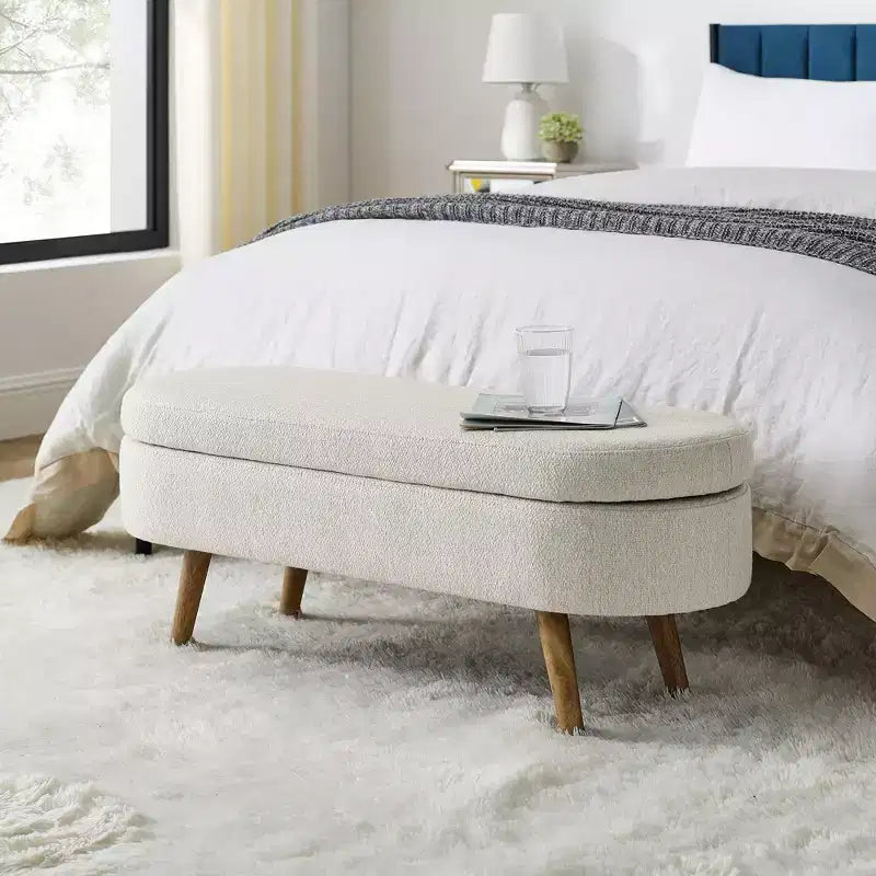 Banc de rangement ovale de 110,5 cm avec pieds en bois massif, ottoman d'entrée rembourré en tissu de lin, bancs à chaussures pour salon, chambre, entrée