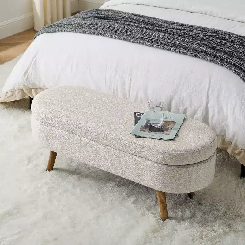 Banc de rangement ovale de 110,5 cm avec pieds en bois massif, ottoman d'entrée rembourré en tissu de lin, bancs à chaussures pour salon, chambre, entrée