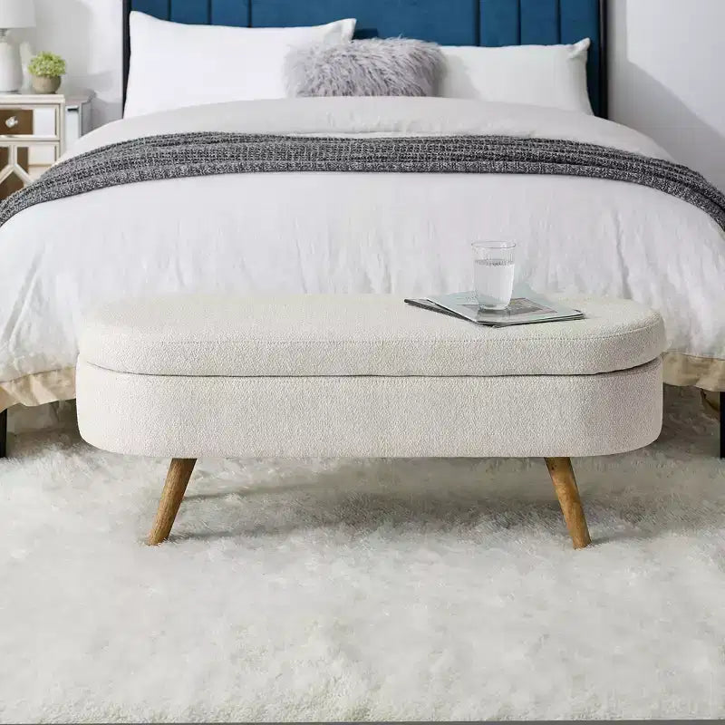 Banc de rangement ovale de 110,5 cm avec pieds en bois massif, ottoman d'entrée rembourré en tissu de lin, bancs à chaussures pour salon, chambre, entrée
