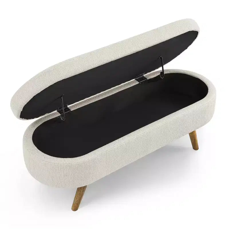 Banc de rangement ovale de 110,5 cm avec pieds en bois massif, ottoman d'entrée rembourré en tissu de lin, bancs à chaussures pour salon, chambre, entrée