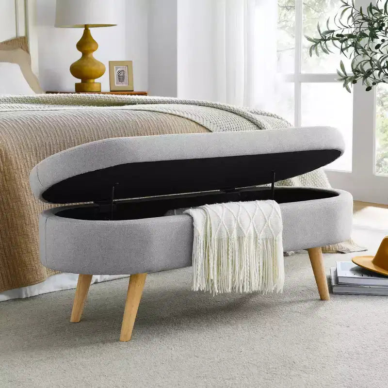 Banc de rangement ovale de 110,5 cm avec pieds en bois massif, ottoman d'entrée rembourré en tissu de lin, bancs à chaussures pour salon, chambre, entrée