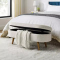 43.5in Oval Storage Bench with Solid Wood Legs, Linen Fabric Upholstered Entryway Ottoman, Shoe Benches for Living Room Bedroom Entryway