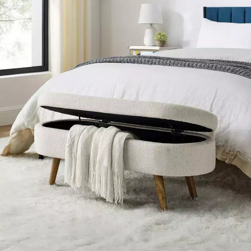 43.5in Oval Storage Bench with Solid Wood Legs, Linen Fabric Upholstered Entryway Ottoman, Shoe Benches for Living Room Bedroom Entryway