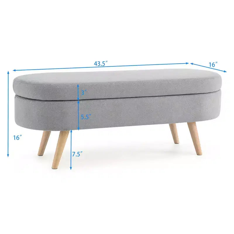 Banc de rangement ovale de 110,5 cm avec pieds en bois massif, ottoman d'entrée rembourré en tissu de lin, bancs à chaussures pour salon, chambre, entrée