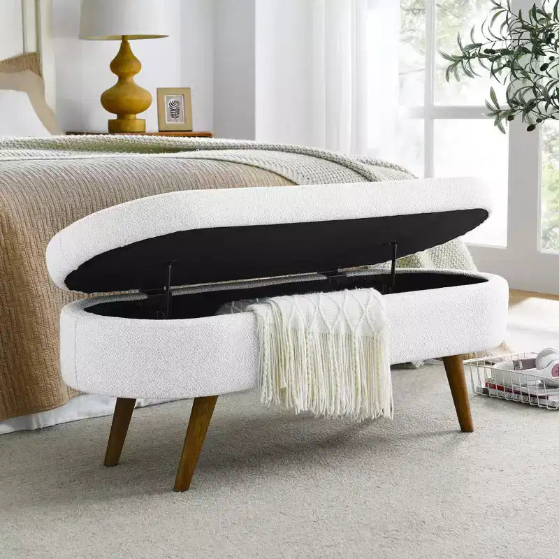 Banc de rangement ovale de 110,5 cm avec pieds en bois massif, ottoman d'entrée rembourré en tissu de lin, bancs à chaussures pour salon, chambre, entrée