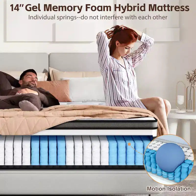 Matelas King Size, 35,5 cm d'épaisseur, mousse à mémoire de forme et gel hybride, livré en boîte, fermeté moyenne, isolation des mouvements, soutien des bords, conception respirante pour un sommeil confortable