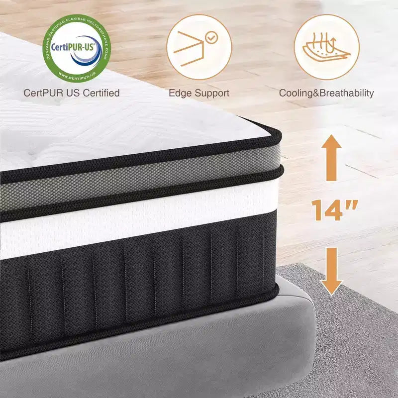 Matelas King Size, 35,5 cm d'épaisseur, mousse à mémoire de forme et gel hybride, livré en boîte, fermeté moyenne, isolation des mouvements, soutien des bords, conception respirante pour un sommeil confortable