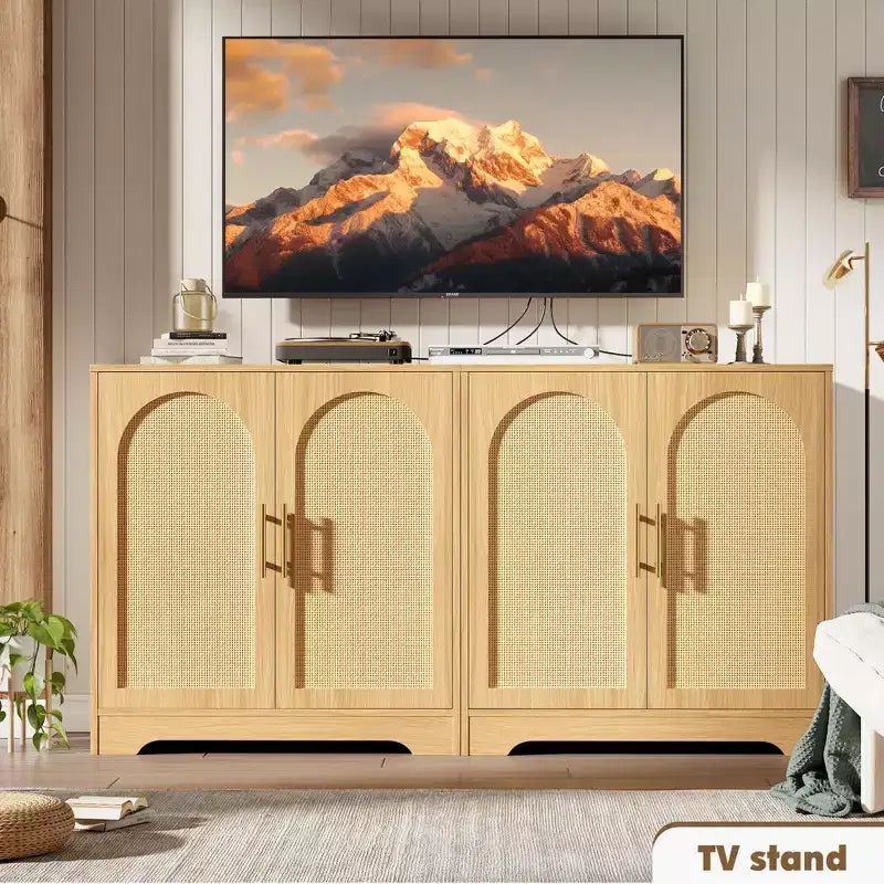 Meuble de bar à café bohème 30 portes en rotin naturel, pieds en bois massif, poignée en métal, meuble TV/buffet de 26,9 H pour salon et salle à manger