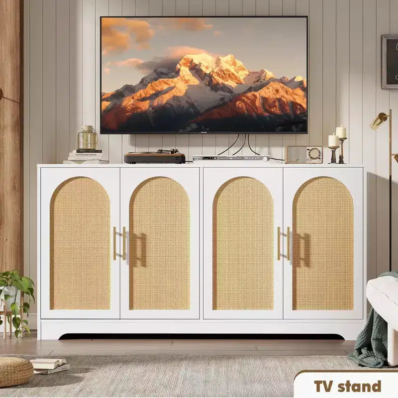 Meuble de bar à café bohème 30 portes en rotin naturel, pieds en bois massif, poignée en métal, meuble TV/buffet de 26,9 H pour salon et salle à manger