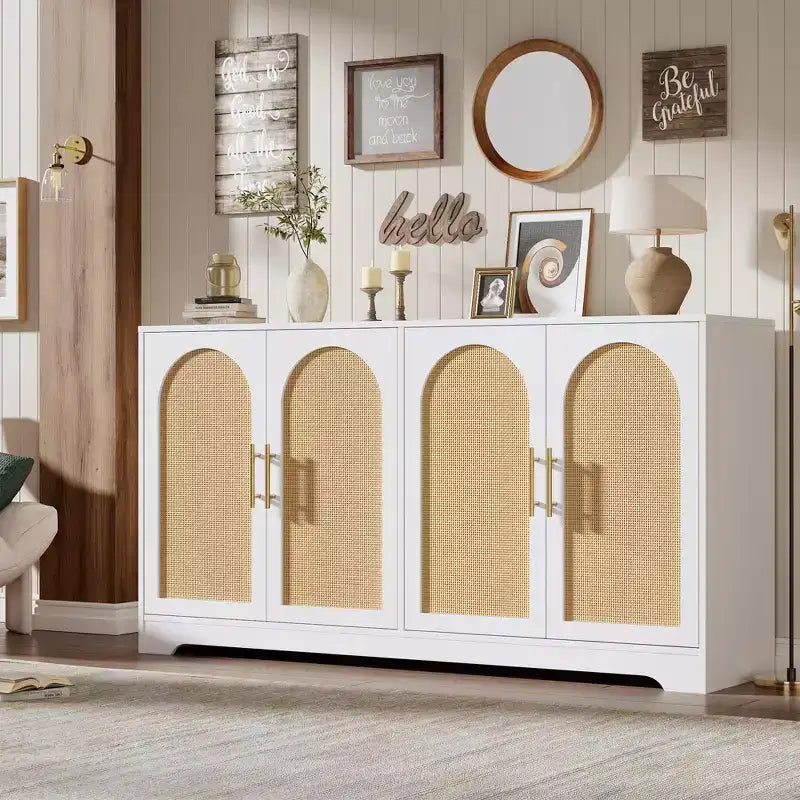 Meuble de bar à café bohème 30 portes en rotin naturel, pieds en bois massif, poignée en métal, meuble TV/buffet de 26,9 H pour salon et salle à manger
