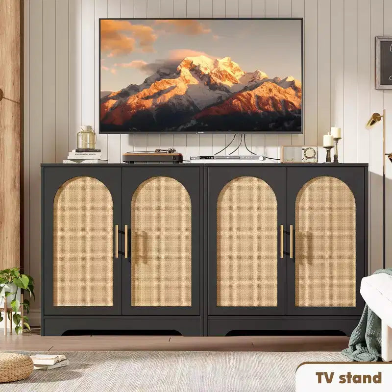Meuble de bar à café bohème 30 portes en rotin naturel, pieds en bois massif, poignée en métal, meuble TV/buffet de 26,9 H pour salon et salle à manger