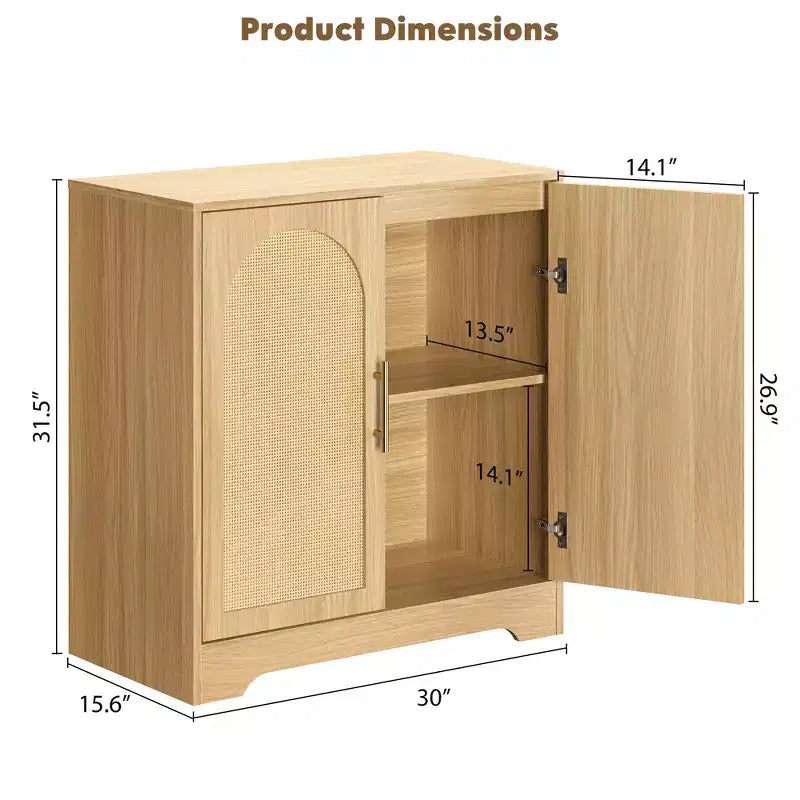 Meuble de bar à café bohème 30 portes en rotin naturel, pieds en bois massif, poignée en métal, meuble TV/buffet de 26,9 H pour salon et salle à manger