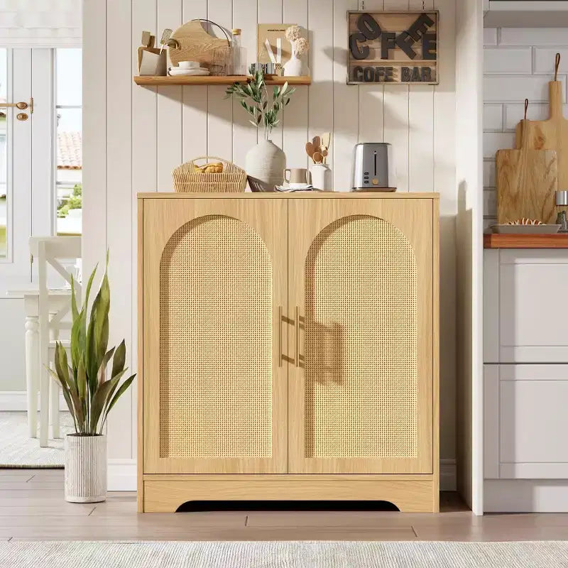Meuble de bar à café bohème 30 portes en rotin naturel, pieds en bois massif, poignée en métal, meuble TV/buffet de 26,9 H pour salon et salle à manger