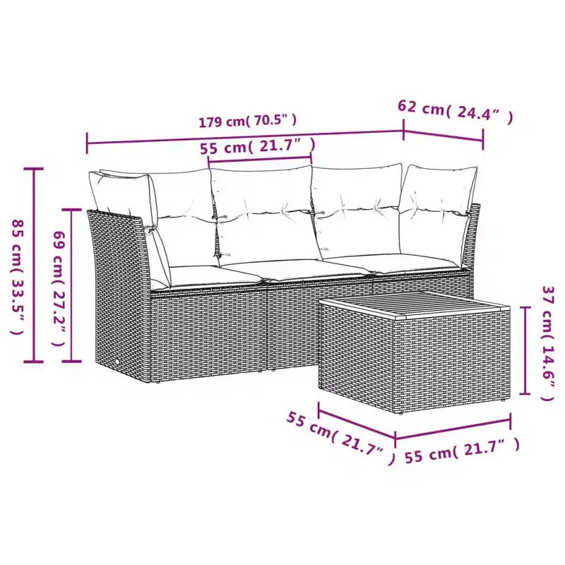 vidaXL Salon de jardin 4 pièces avec coussins en polyrotin beige - Beige et crème