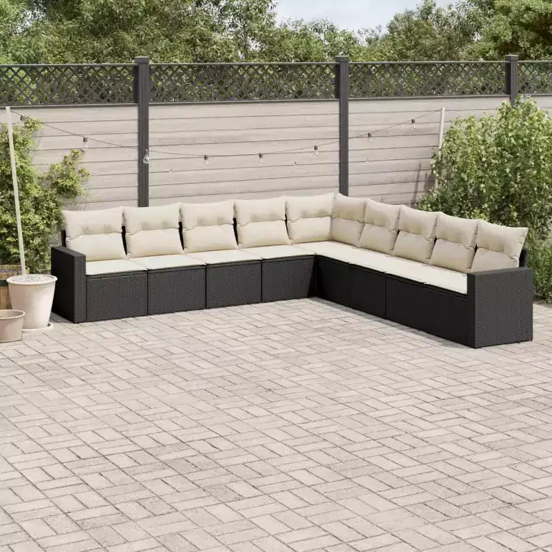 vidaXL Ensemble de canapé d'extérieur 9 pièces en résine tressée avec coussins Noir et crème Sans table