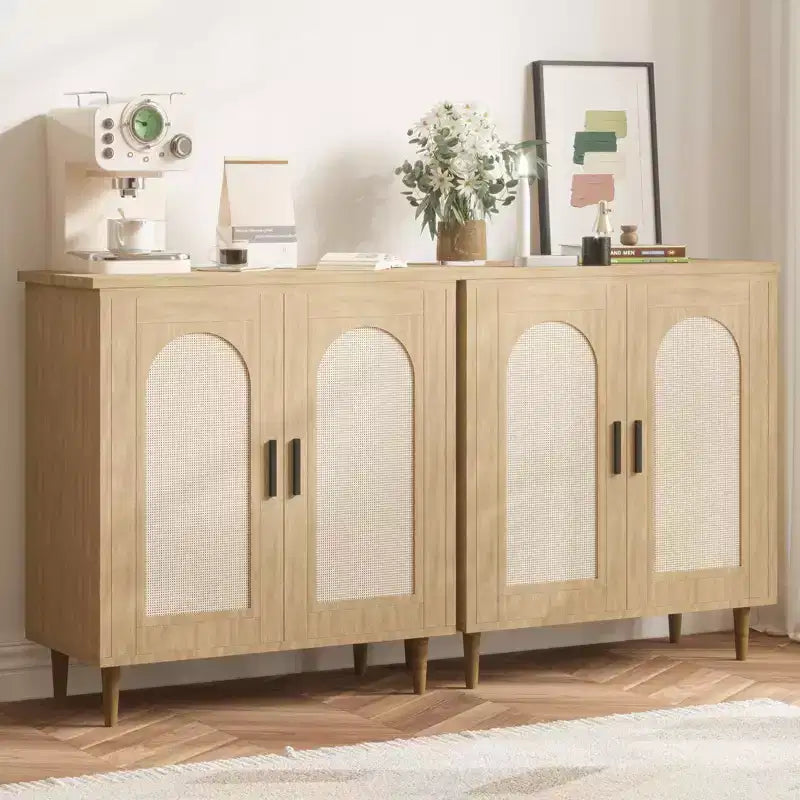 Meuble de rangement en rotin avec portes, Buffet de cuisine avec étagères réglables pour Salon, Couloir