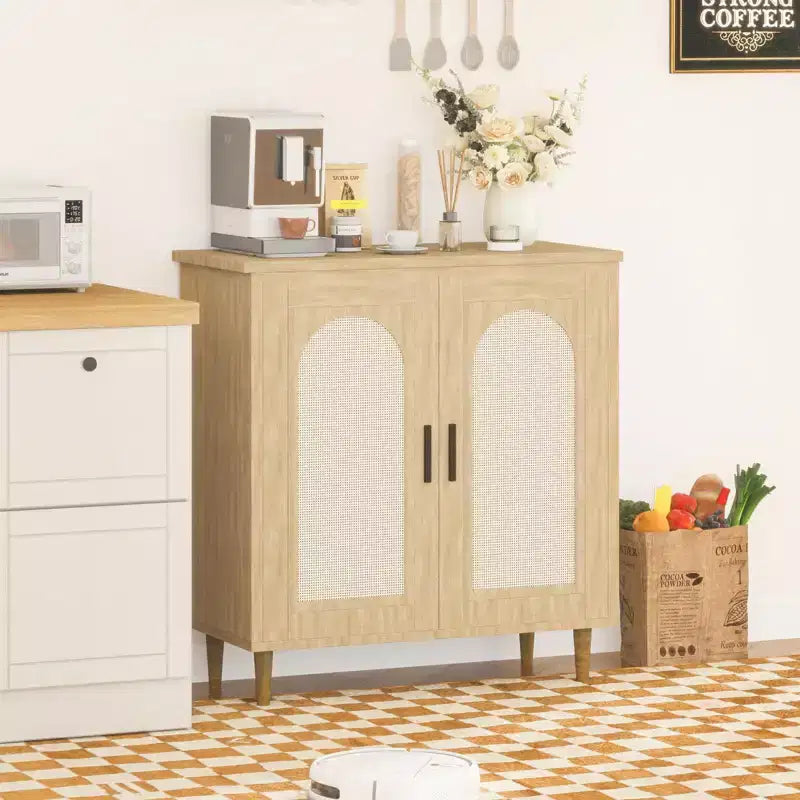 Meuble de rangement en rotin avec portes, Buffet de cuisine avec étagères réglables pour Salon, Couloir