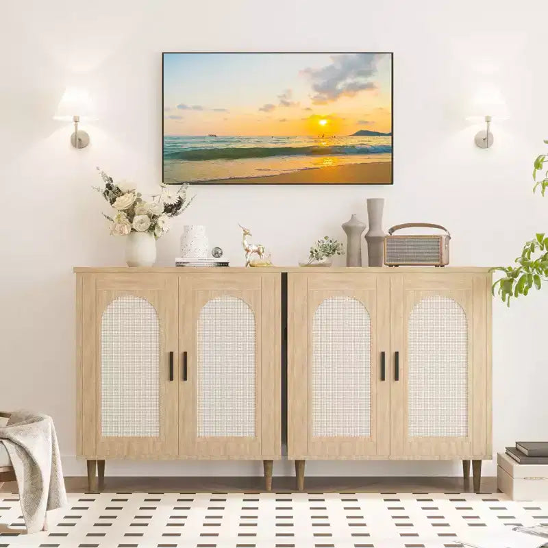 Meuble de rangement en rotin avec portes, Buffet de cuisine avec étagères réglables pour Salon, Couloir