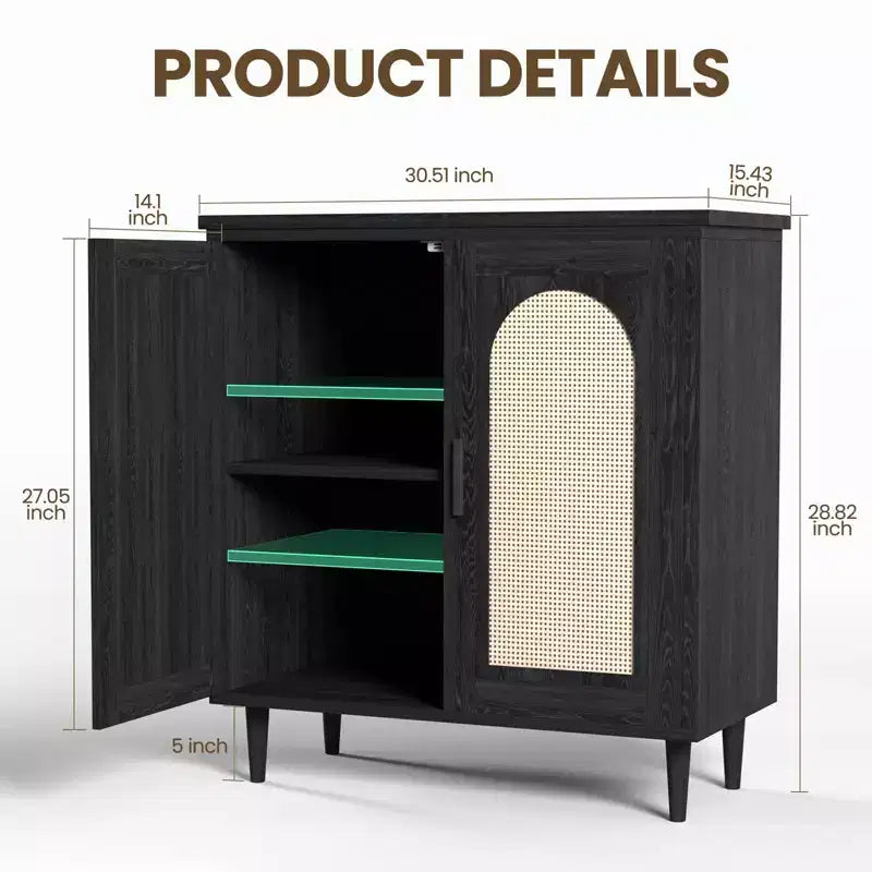 Meuble de rangement en rotin avec portes, Buffet de cuisine avec étagères réglables pour Salon, Couloir