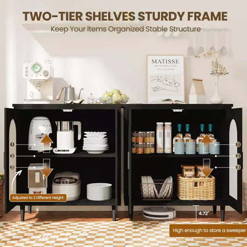 Meuble de rangement en rotin avec portes, Buffet de cuisine avec étagères réglables pour Salon, Couloir