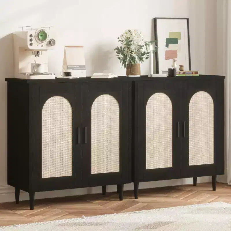 Meuble de rangement en rotin avec portes, Buffet de cuisine avec étagères réglables pour Salon, Couloir