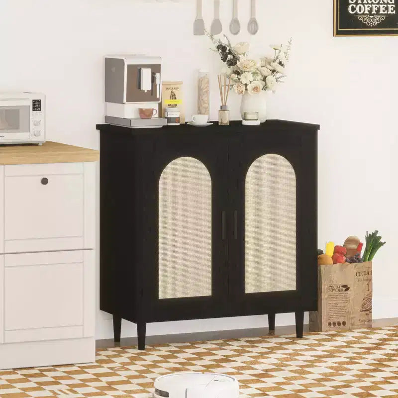 Meuble de rangement en rotin avec portes, Buffet de cuisine avec étagères réglables pour Salon, Couloir