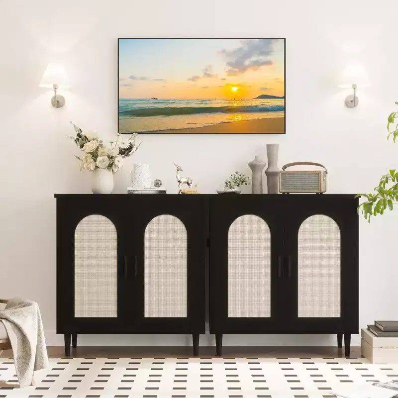 Meuble de rangement en rotin avec portes, Buffet de cuisine avec étagères réglables pour Salon, Couloir