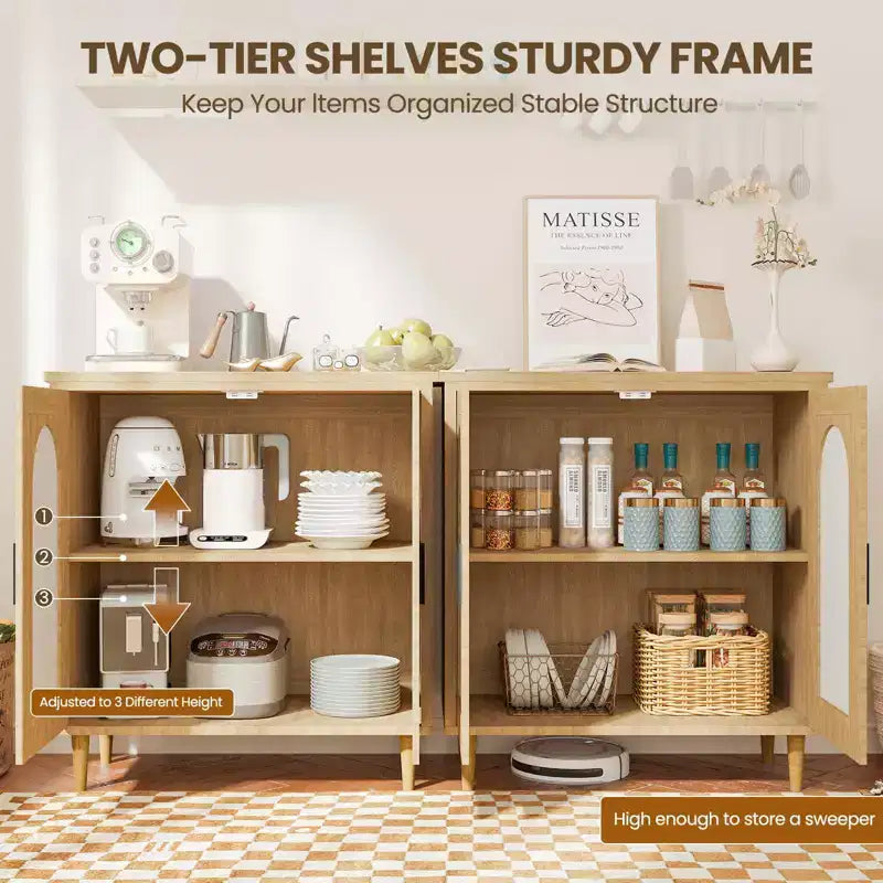 Meuble de rangement en rotin avec portes, Buffet de cuisine avec étagères réglables pour Salon, Couloir