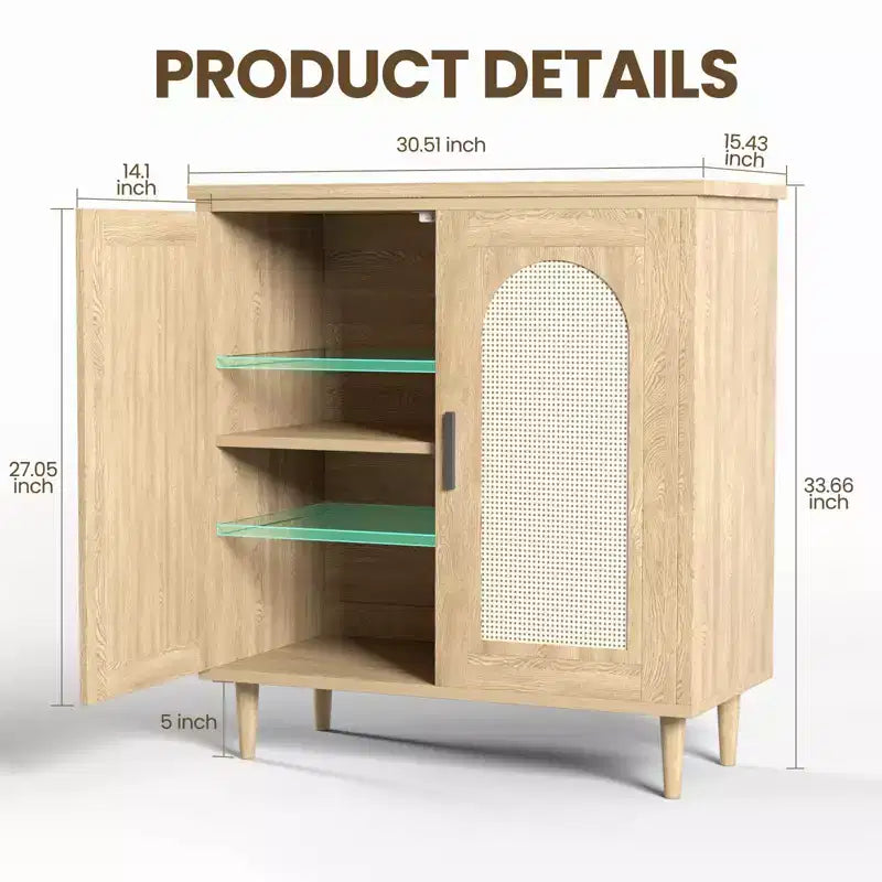 Meuble de rangement en rotin avec portes, Buffet de cuisine avec étagères réglables pour Salon, Couloir