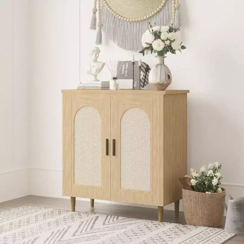 Meuble de rangement en rotin avec portes, Buffet de cuisine avec étagères réglables pour Salon, Couloir