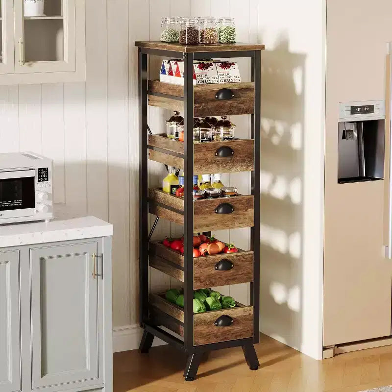 Étagère de rangement en bois pour fruits et légumes, support étroit pour snacks, organisateur utilitaire coulissant pour cuisine, salon, marron rustique