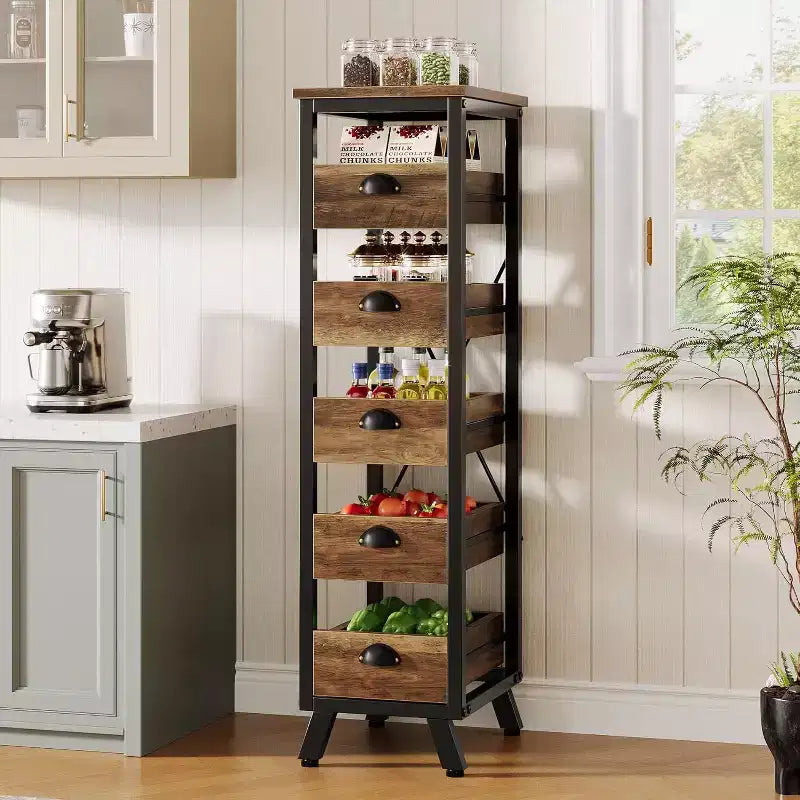 Étagère de rangement en bois pour fruits et légumes, support étroit pour snacks, organisateur utilitaire coulissant pour cuisine, salon, marron rustique
