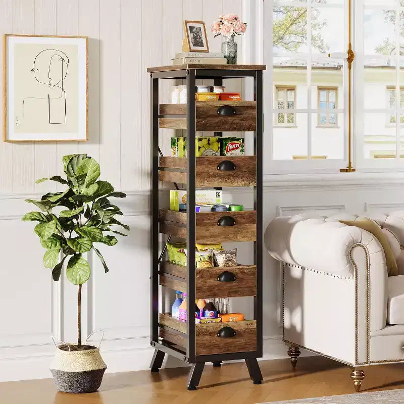 Étagère de rangement en bois pour fruits et légumes, support étroit pour snacks, organisateur utilitaire coulissant pour cuisine, salon, marron rustique