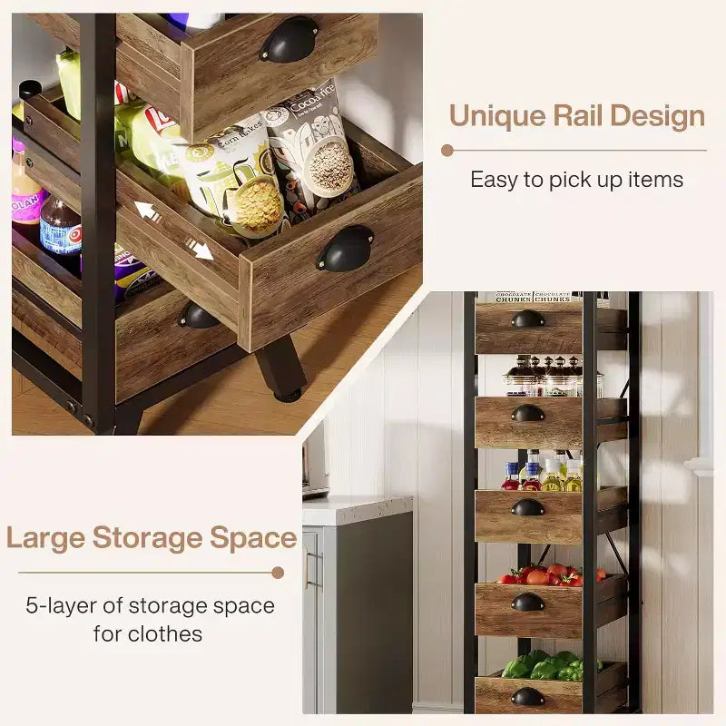Étagère de rangement en bois pour fruits et légumes, support étroit pour snacks, organisateur utilitaire coulissant pour cuisine, salon, marron rustique