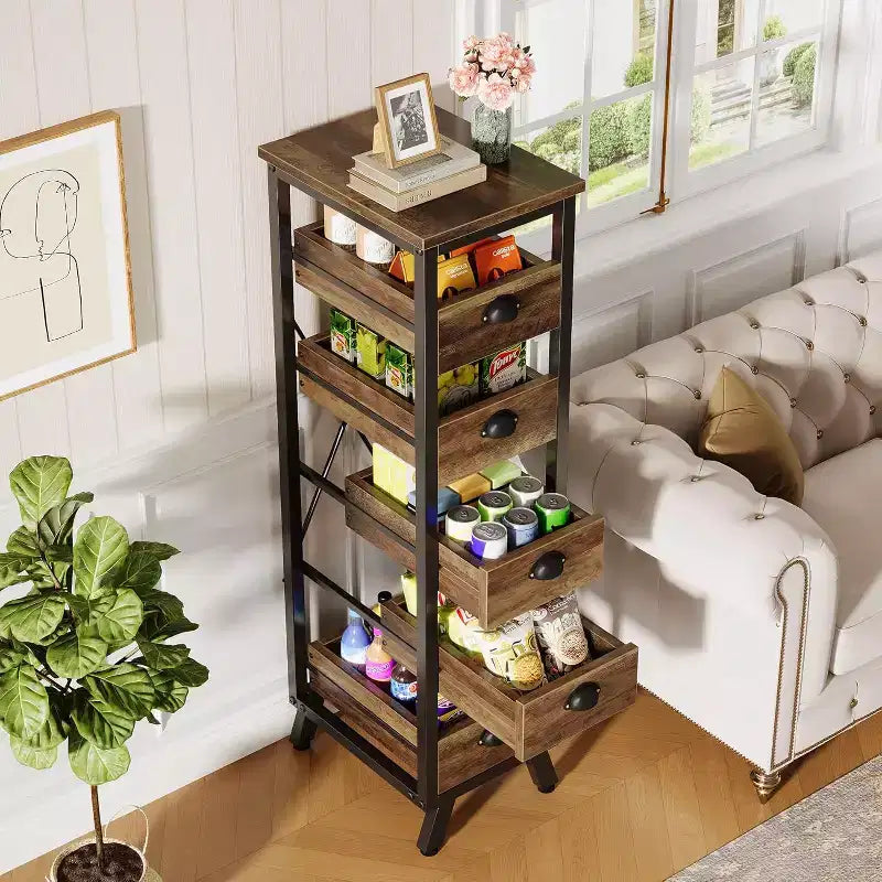 Étagère de rangement en bois pour fruits et légumes, support étroit pour snacks, organisateur utilitaire coulissant pour cuisine, salon, marron rustique