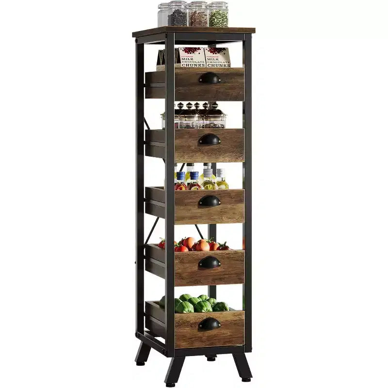 Étagère de rangement en bois pour fruits et légumes, support étroit pour snacks, organisateur utilitaire coulissant pour cuisine, salon, marron rustique