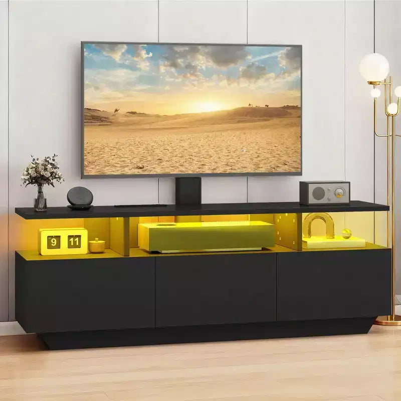 Modern TV Stand with Mount for 65 inch TVs, LED Entertainment Center with Power Outlet, TV Media Console with Storage for Living Room