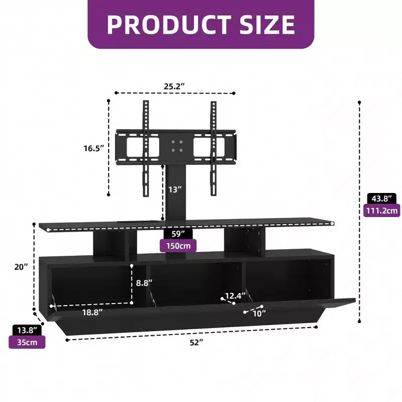 Meuble TV avec support pour téléviseurs de 65 pouces, centre de divertissement LED avec prise de courant, console multimédia TV avec rangement pour salon