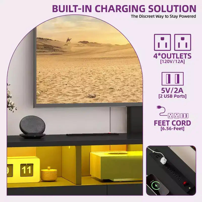 Meuble TV avec support pour téléviseurs de 65 pouces, centre de divertissement LED avec prise de courant, console multimédia TV avec rangement pour salon