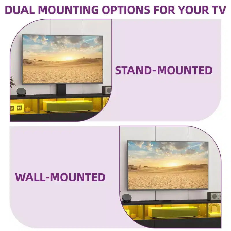 Meuble TV avec support pour téléviseurs de 65 pouces, centre de divertissement LED avec prise de courant, console multimédia TV avec rangement pour salon