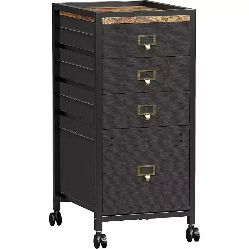 A Mobile Office Cabinet with 4 Drawers, a Roll-up File Organizer Under the Desk, Metal Handles and 4 Wheels, Measuring 66.5 x 30 x 37.5 cm, Black