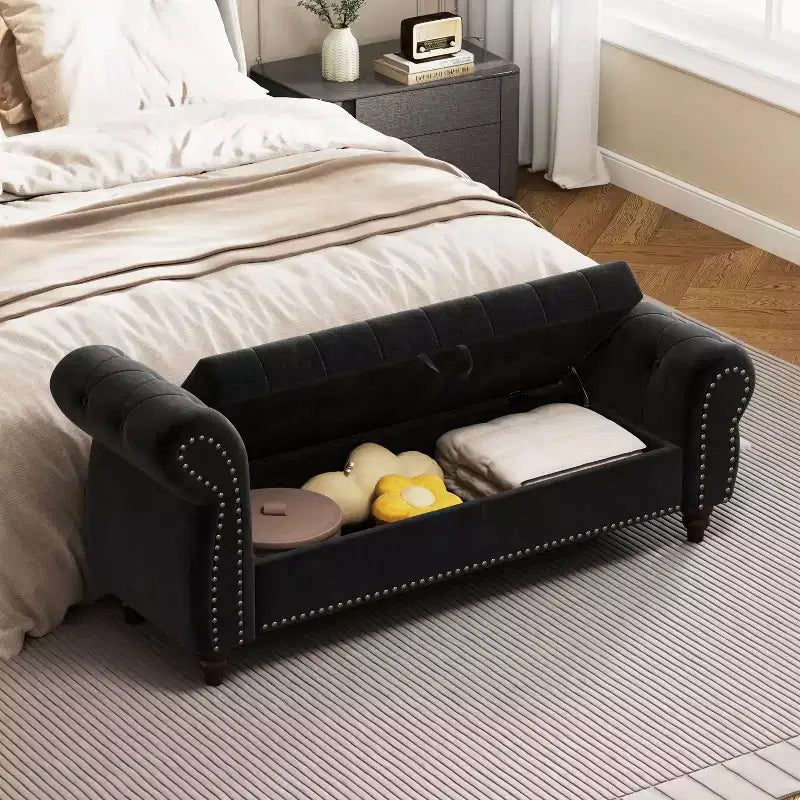 Banc Ottomane de Luxe en Velours 64,5", Banc de Rangement en Bout de Lit, Banc Ottomane d'Appoint Géométrique Élégant pour Salon, Capacité de 400lbs
