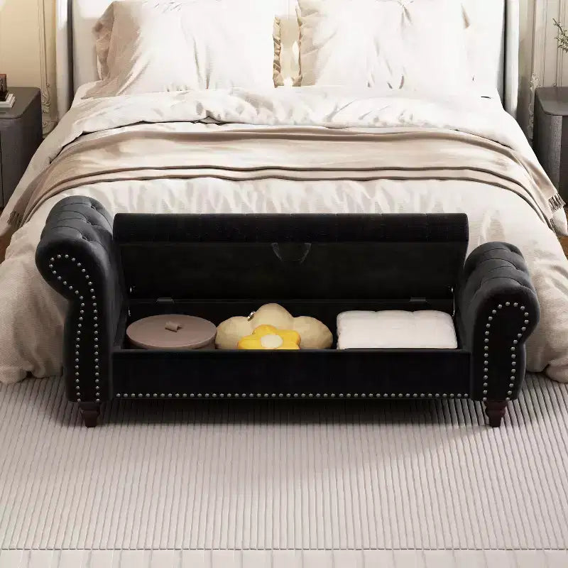 Banc Ottomane de Luxe en Velours 64,5", Banc de Rangement en Bout de Lit, Banc Ottomane d'Appoint Géométrique Élégant pour Salon, Capacité de 400lbs
