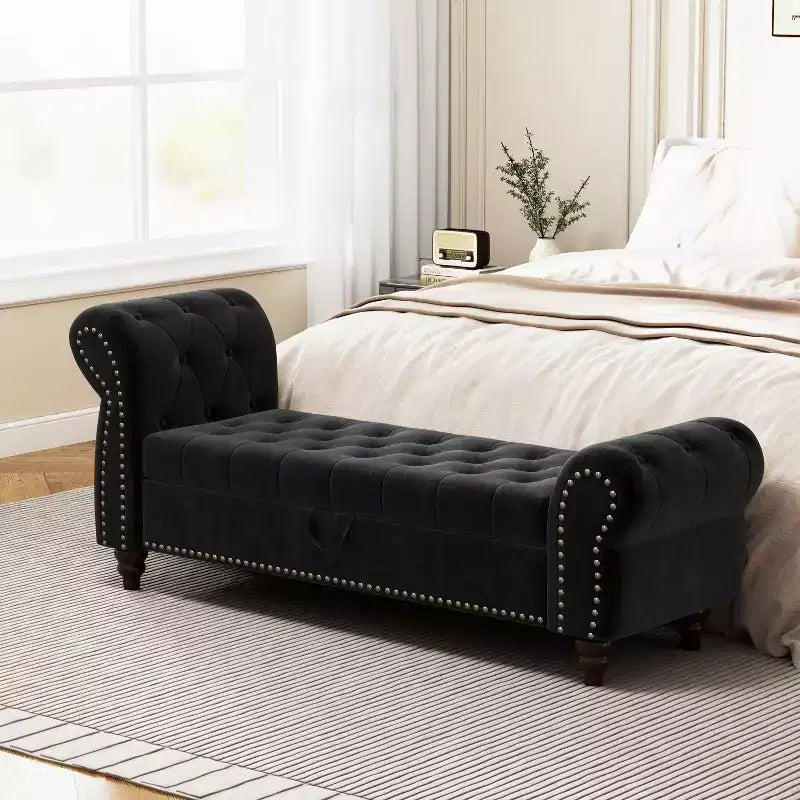 Banc Ottomane de Luxe en Velours 64,5", Banc de Rangement en Bout de Lit, Banc Ottomane d'Appoint Géométrique Élégant pour Salon, Capacité de 400lbs