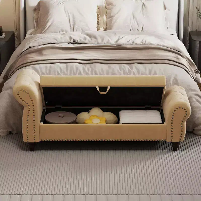 Banc Ottomane de Luxe en Velours 64,5", Banc de Rangement en Bout de Lit, Banc Ottomane d'Appoint Géométrique Élégant pour Salon, Capacité de 400lbs