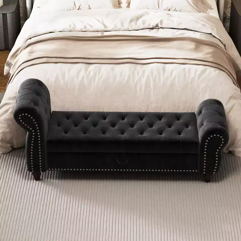 Banc Ottomane de Luxe en Velours 64,5", Banc de Rangement en Bout de Lit, Banc Ottomane d'Appoint Géométrique Élégant pour Salon, Capacité de 400lbs