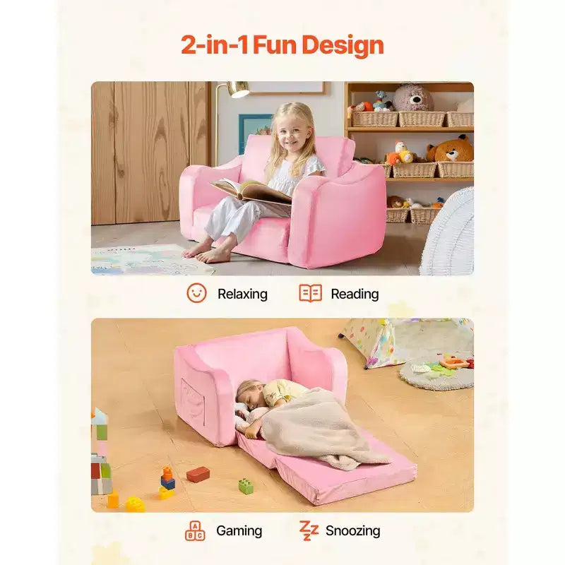 1 canapé pour enfants, pliable, pour tout-petits, convertible en chaise longue avec accoudoirs, rose