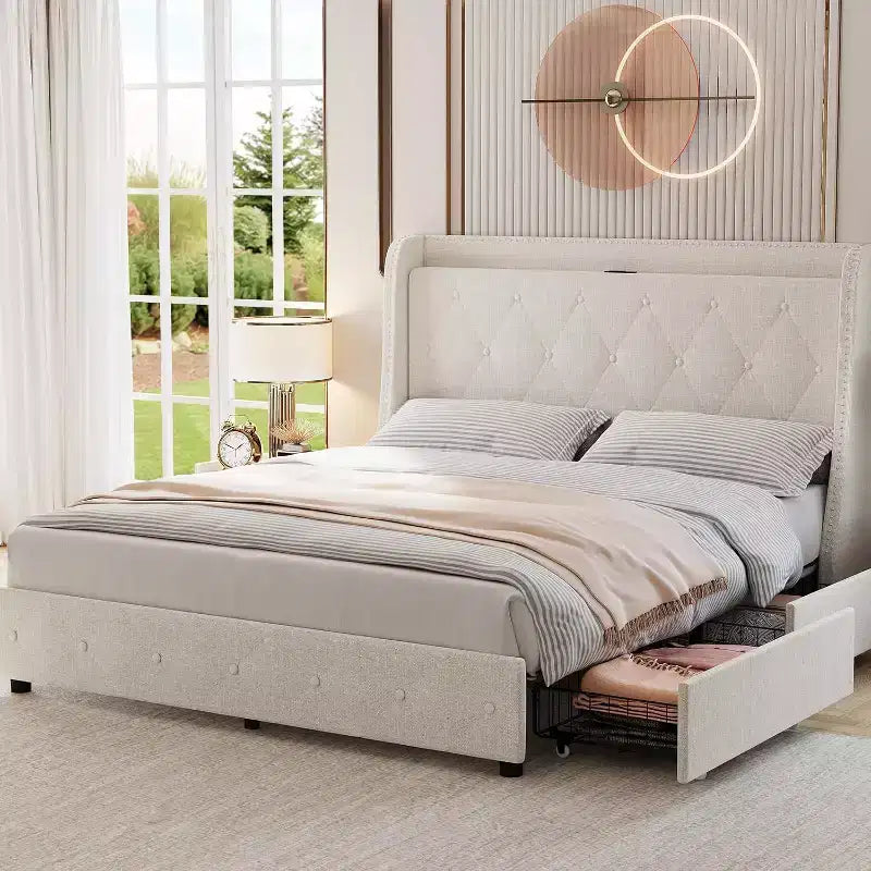 Queen Size Bed Frame 4 Storage Drawers, Headboard and Storage, cushion Bed Frame with Charging Station & Wingback, No Box Spring Needed, Noise-Free