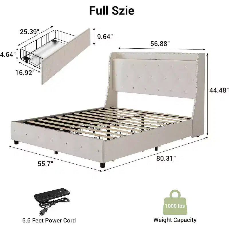 Lit Queen Size avec Cadre de Lit 4 Tiroirs de Rangement, Tête de Lit avec Rangement, Cadre de Lit Rembourré avec Station de Recharge & Ailettes, Pas Besoin de Sommier à Ressorts, Silencieux