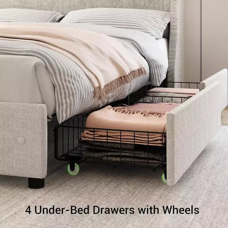 Lit Queen Size avec Cadre de Lit 4 Tiroirs de Rangement, Tête de Lit avec Rangement, Cadre de Lit Rembourré avec Station de Recharge & Ailettes, Pas Besoin de Sommier à Ressorts, Silencieux